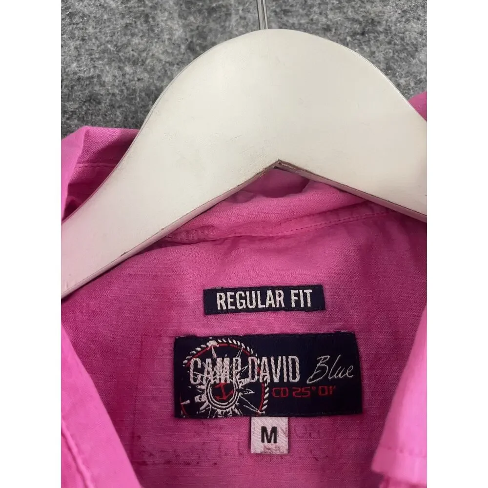 Camp David Shirt Mens Medium Pink Button Up Embroidered Short Sleeve Cotton N30